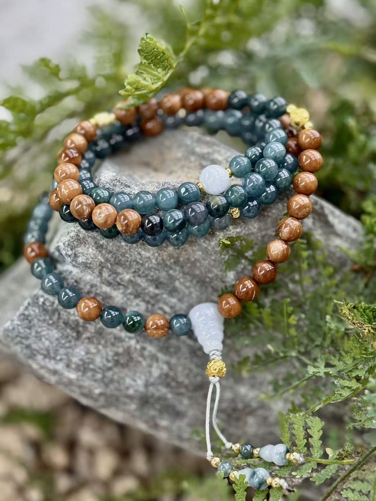 Blue Jadeite and Kuka Wood Triple-wrap Bracelet