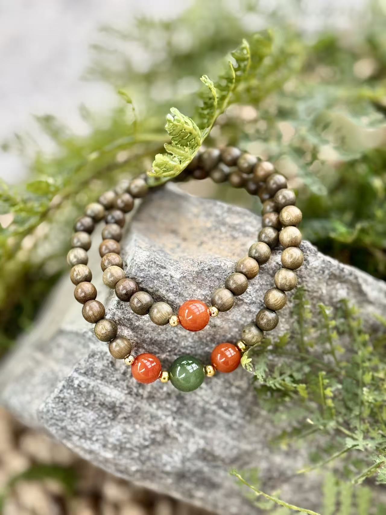 Green Sandalwood, South Red Agate & Jade Double-Wrap Bracelet