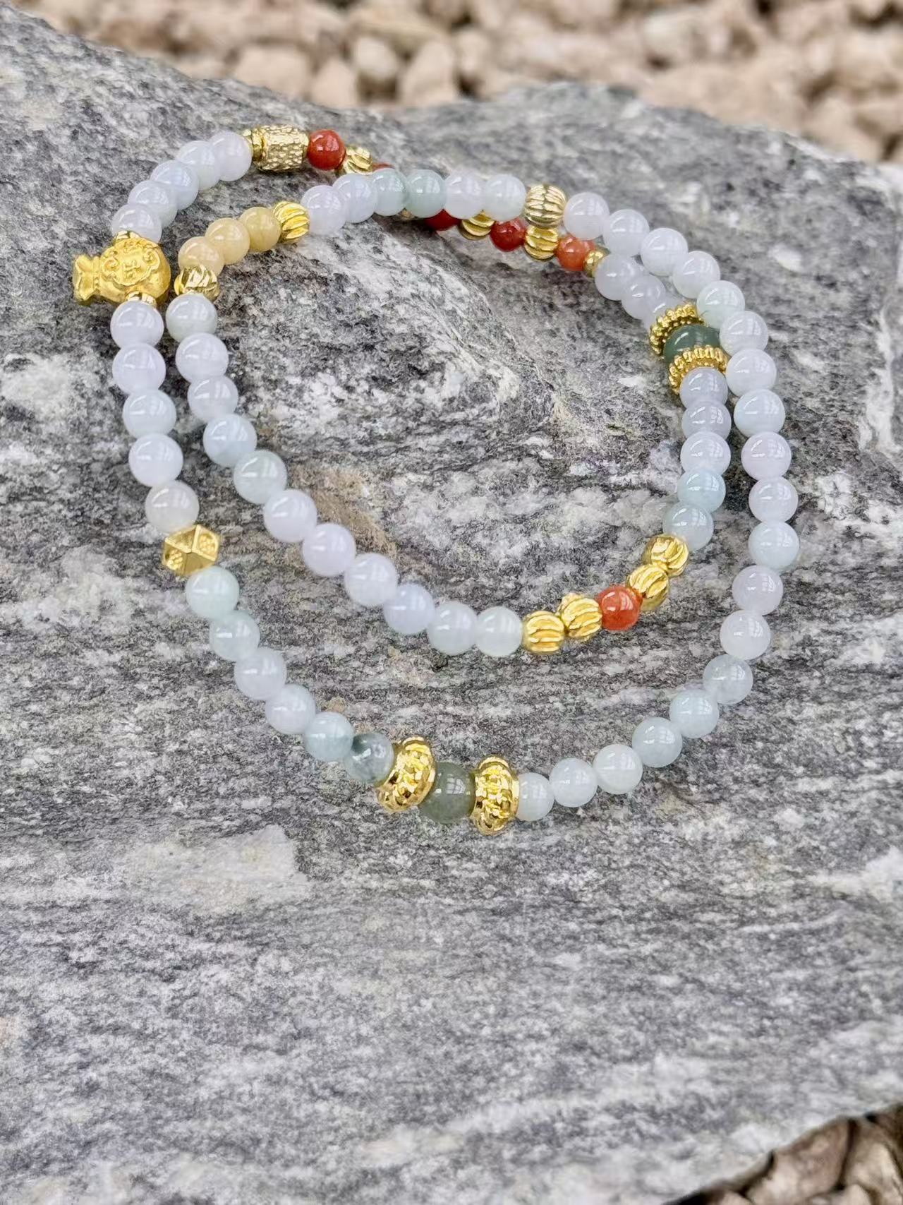 Floating Jade & South Red Agate Double-Wrap Bracelet