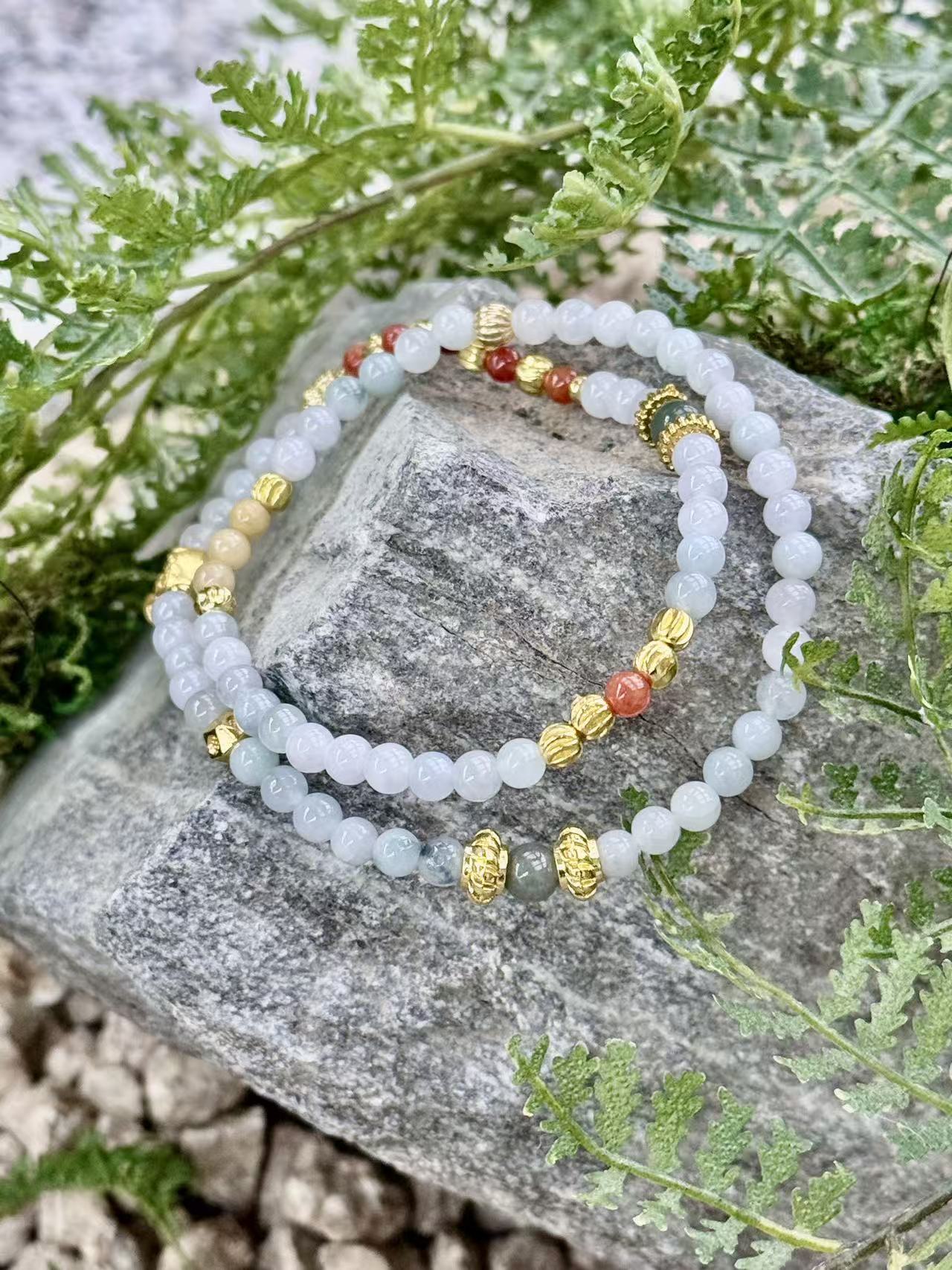 Floating Jade & South Red Agate Double-Wrap Bracelet